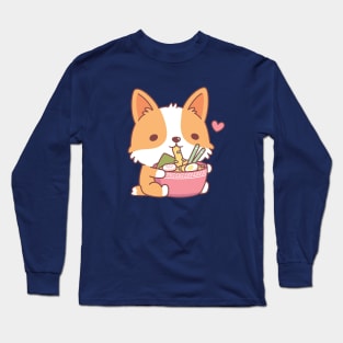 Cute Corgi Dog Eating Japanese Ramen Noodles Long Sleeve T-Shirt